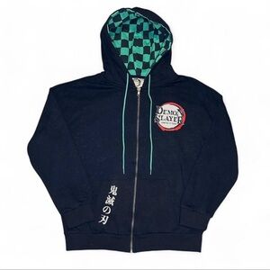 Demon Slayer Black Zip-Up Hoodie with Green Checker Lining